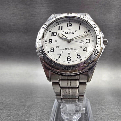 Seiko Alba Watch Men 36mm White Dial Silver Tone Round V501-0DA0 New Battery D5