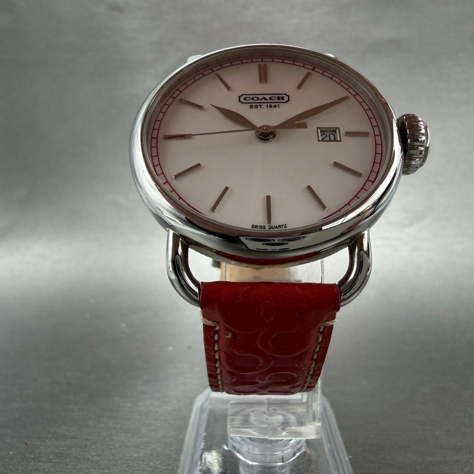 Coach Watch Women 40mm White Dial Steel Date Round Pink Band New Battery5
