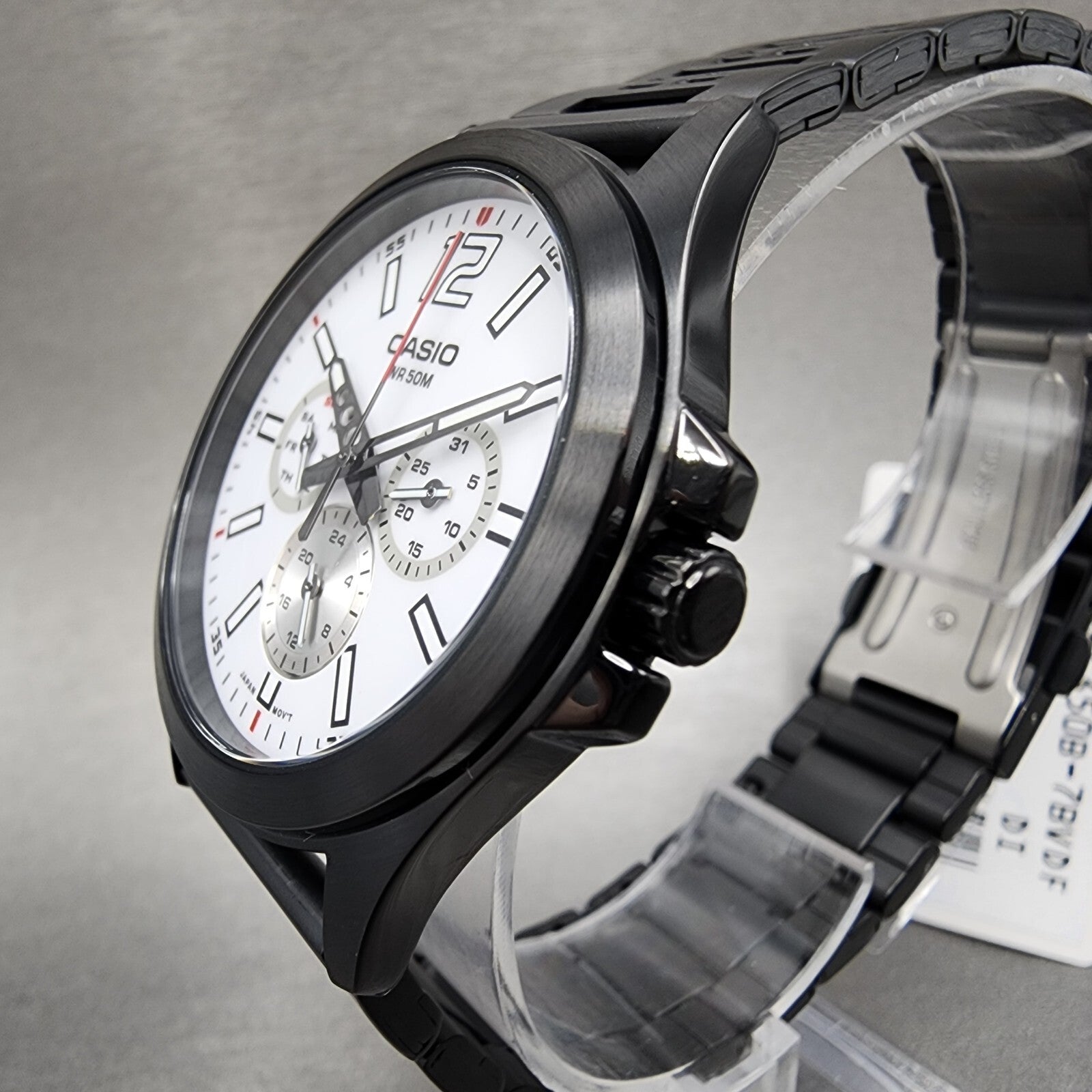 Casio MTPE350 Watch Men 39mm White Dial Black Steel Daydate Metal Bracelet2