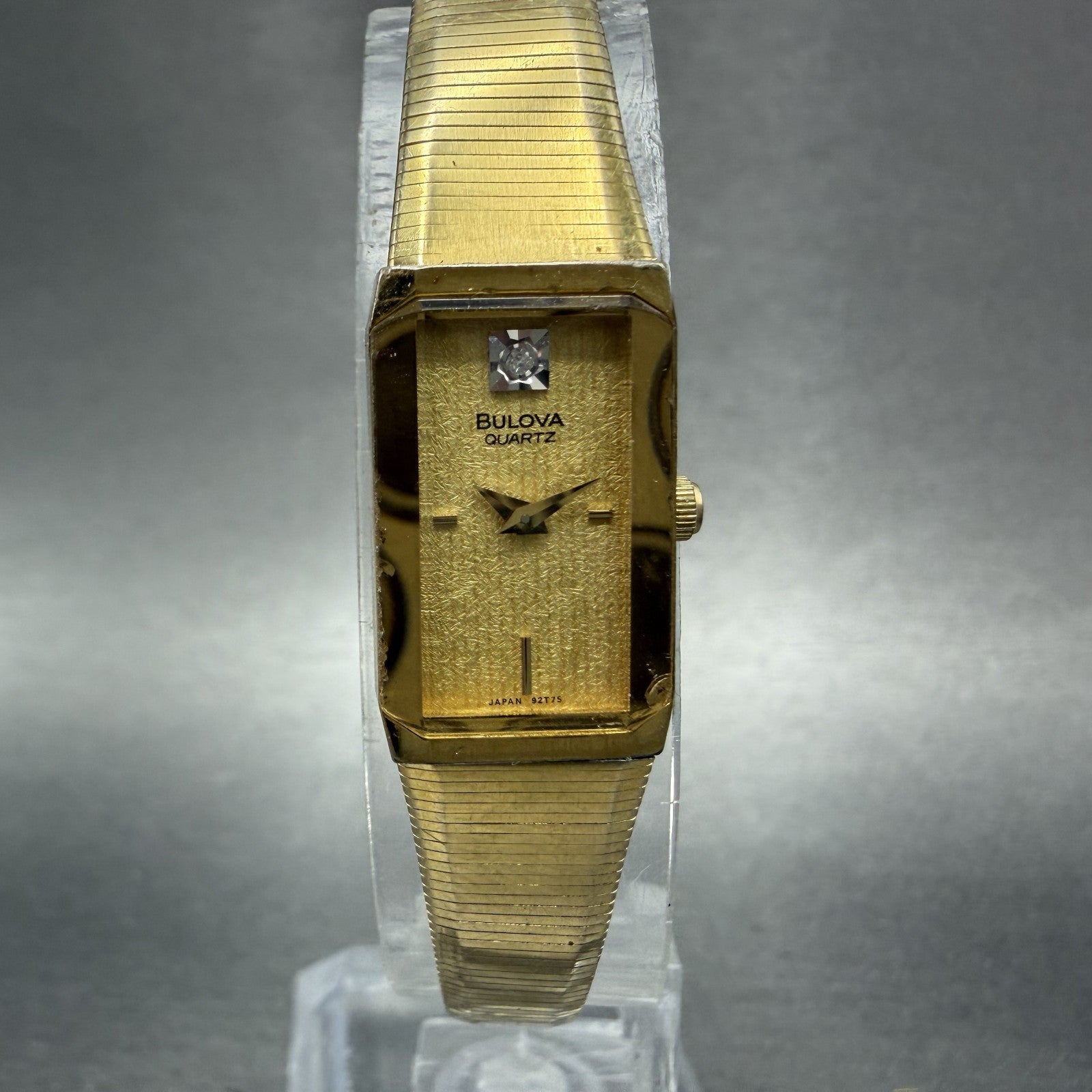 Bulova Tank Watch Women 13mm Champagne Dial Gold Tone Rdctangle 92T75 NewBattery0