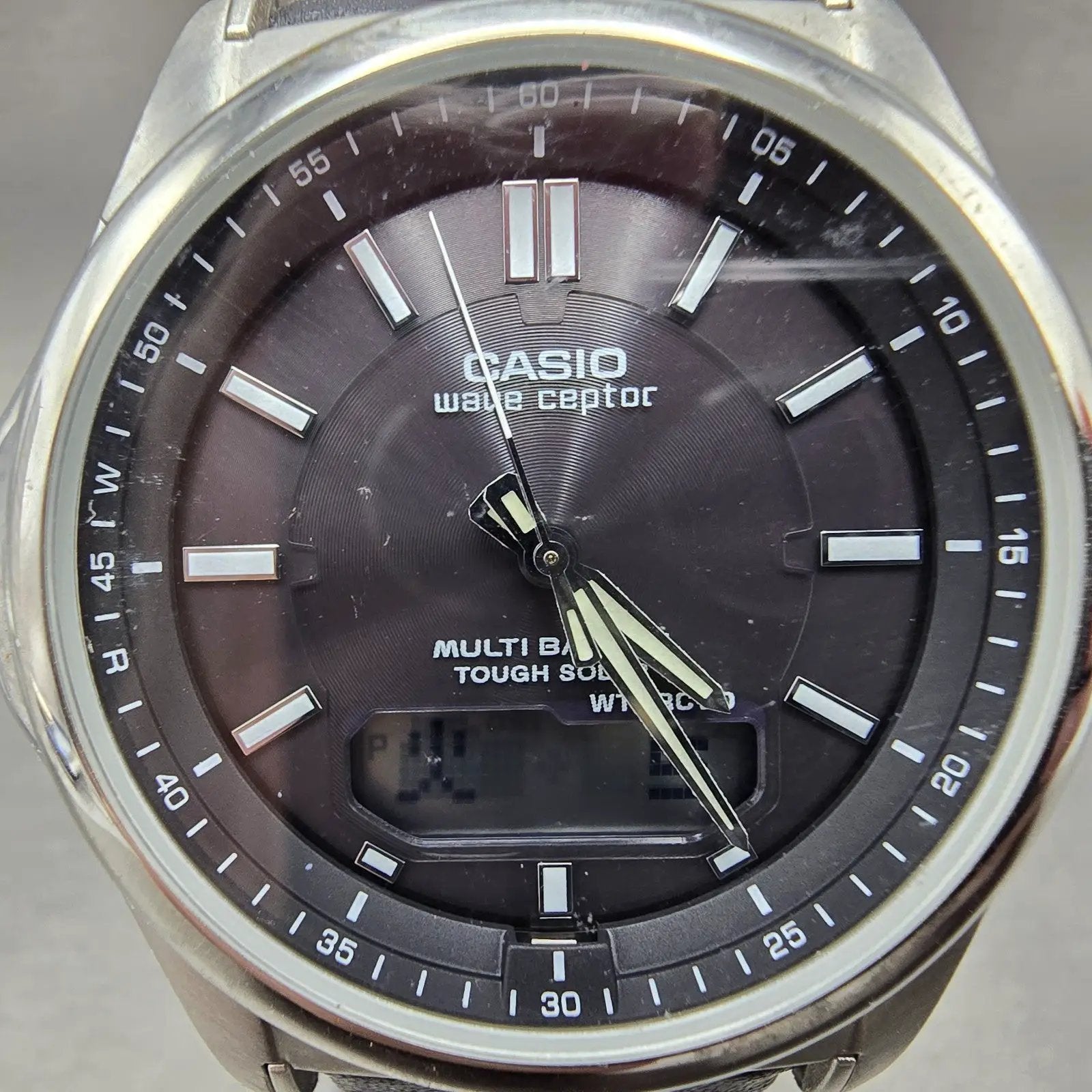 Casio Wave Ceptor Watch Men 42mm Black Dial Steel Solar Analog Digital Works J1