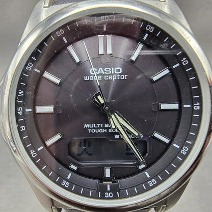Casio Wave Ceptor Watch Men 42mm Black Dial Steel Solar Analog Digital Works J1