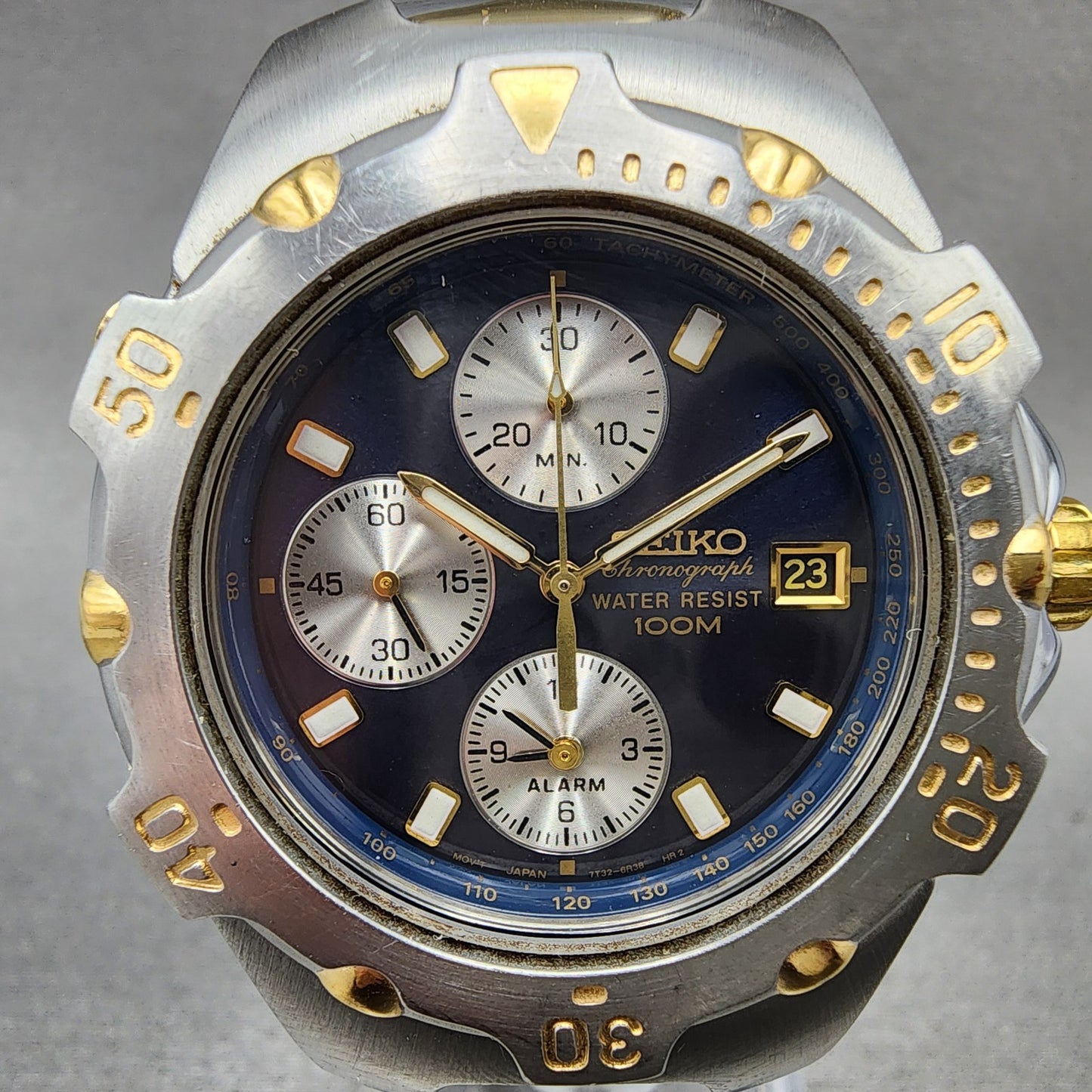 Seiko Chronograph Watch Men 40mm Blue Dial Two Tone Date 7t326m49 New Battery1