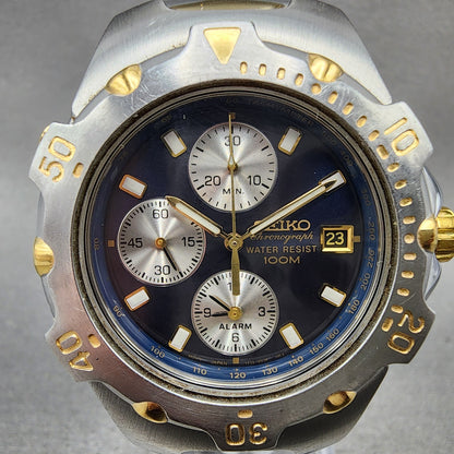 Seiko Chronograph Watch Men 40mm Blue Dial Two Tone Date 7t326m49 New Battery1