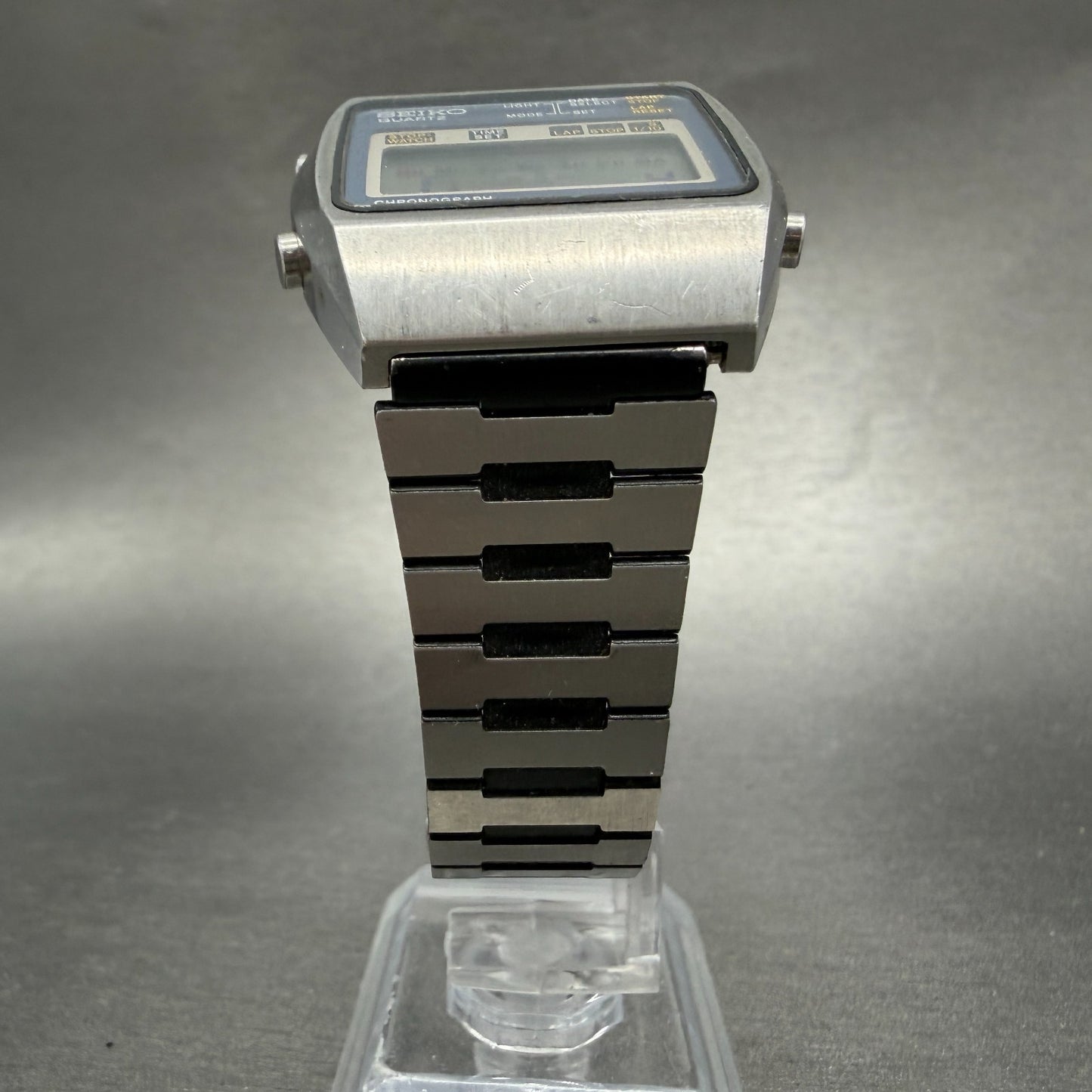 Seiko Digital Watch Men 34mm LCD Chronograph Steel Rectangle A129-5000 New batt5