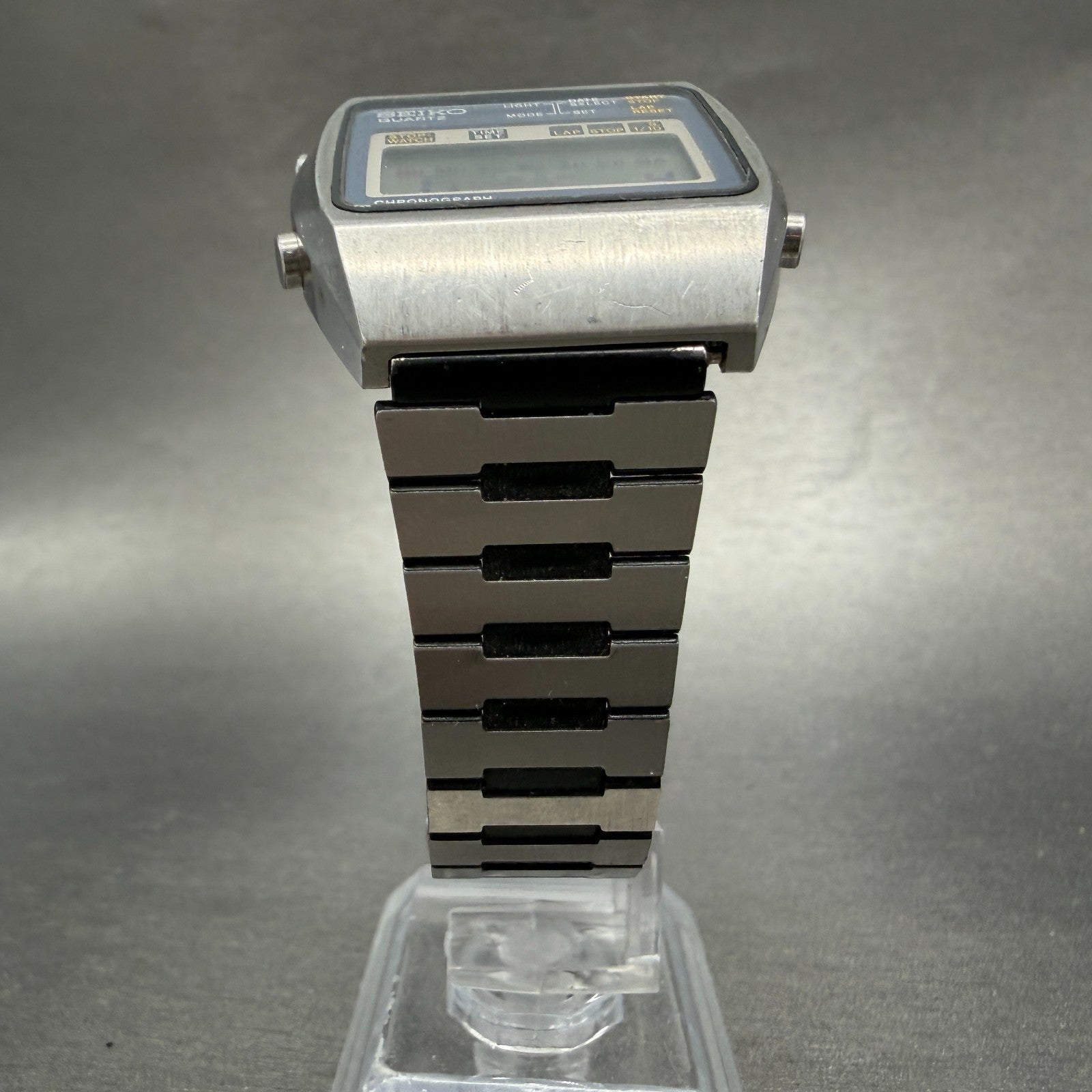 Seiko Digital Watch Men 34mm LCD Chronograph Steel Rectangle A129-5000 New batt5