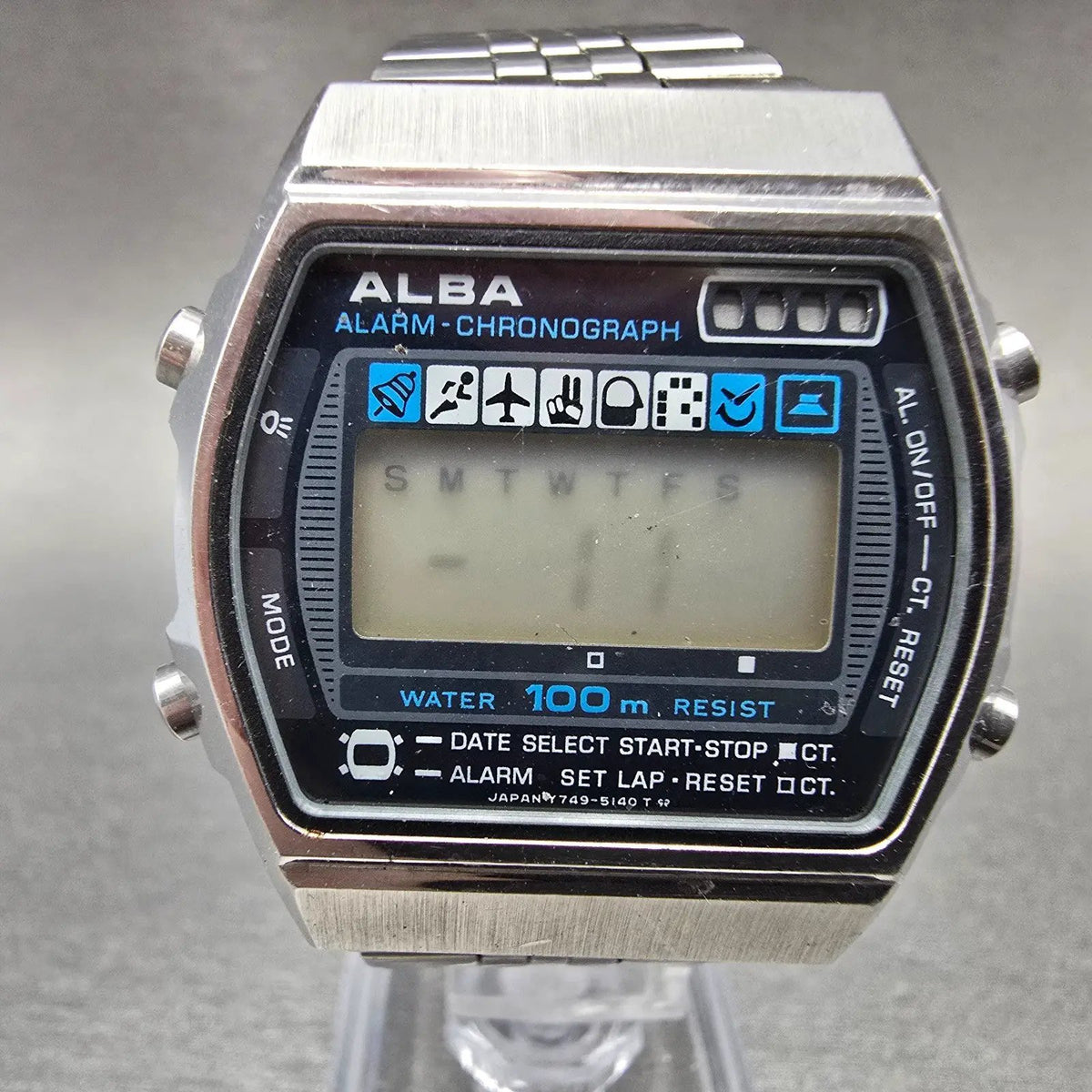 Alba Digital Watch Men 33mm Silver Alarm Chronograph Y749-5140 VTG Seiko PARTS0