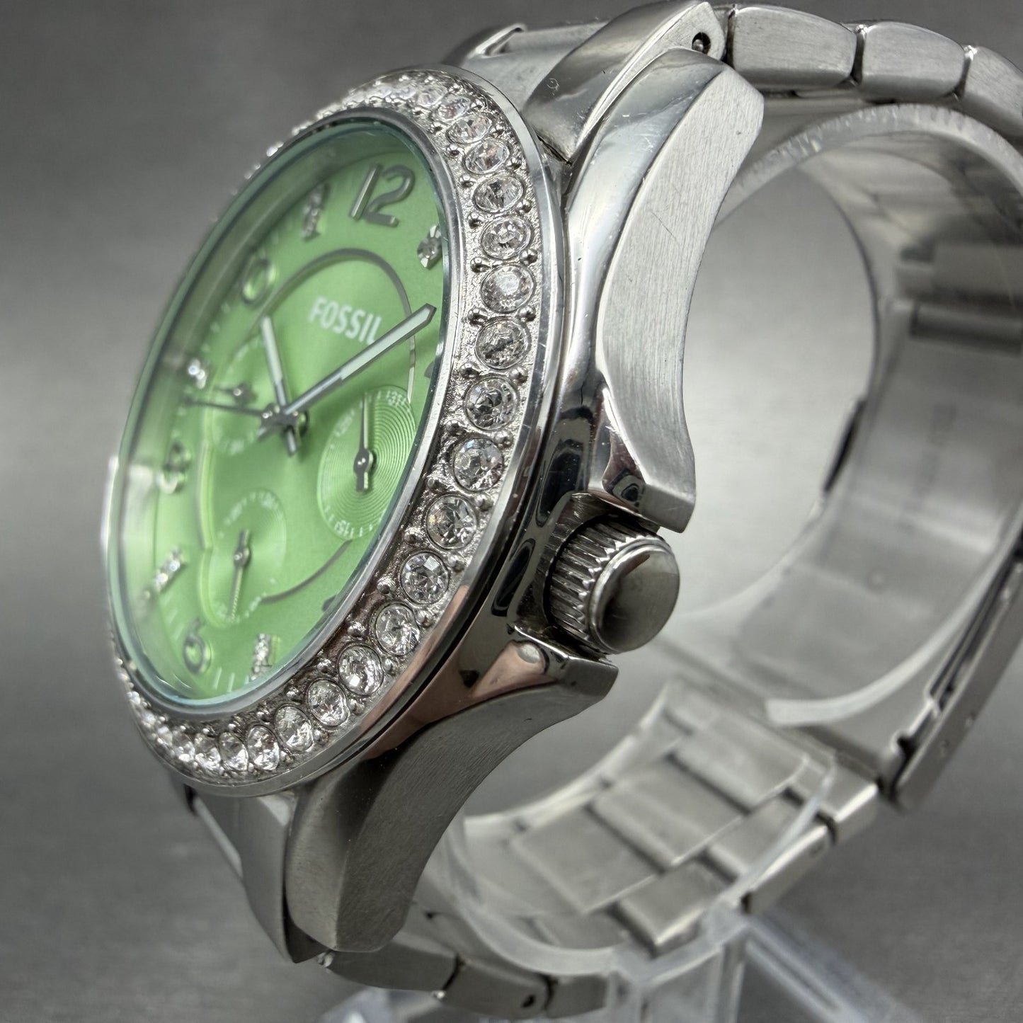 Fossil Riley Watch Women 39mm Green Dial Silver Tone Daydate Round ES3725 NewBat3