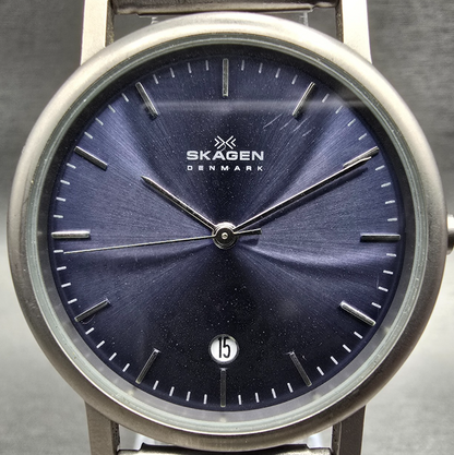 Skagen Watch Men 34mm Blue Dial Silver Tone Date Round 103LTTN New Battery1
