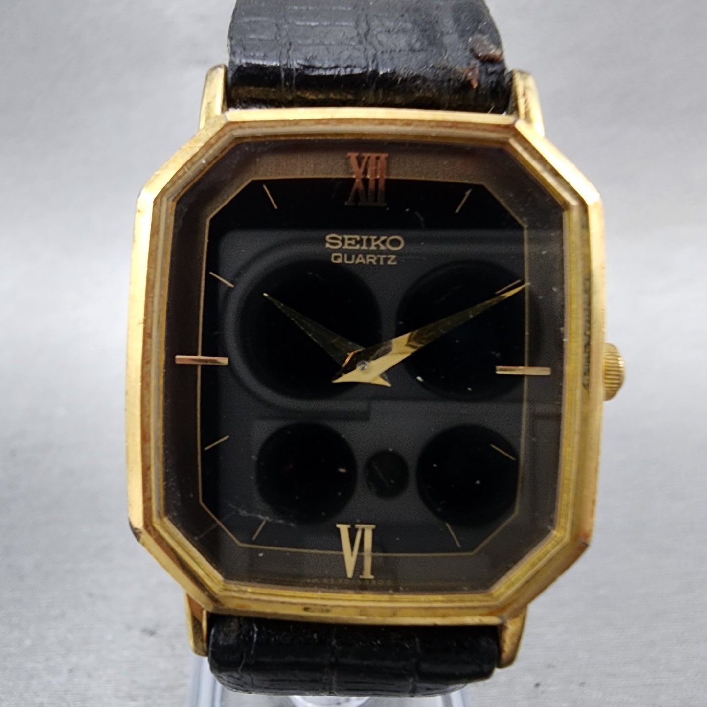 Seiko Watch Men 28mm Black Dial Gold Tone Octagon 65305210 New Battery1