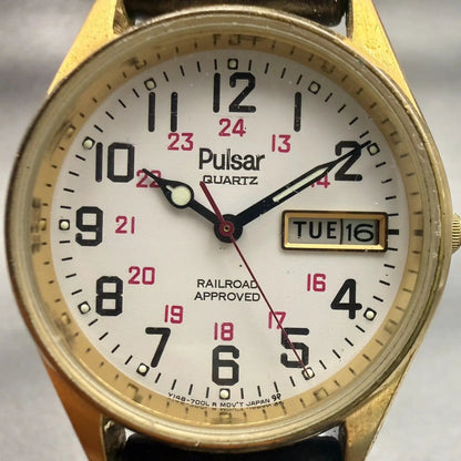Pulsar Railroad Approved Watch Men 34mm White Dial Gold Daydate Y148-7009 NewBat1