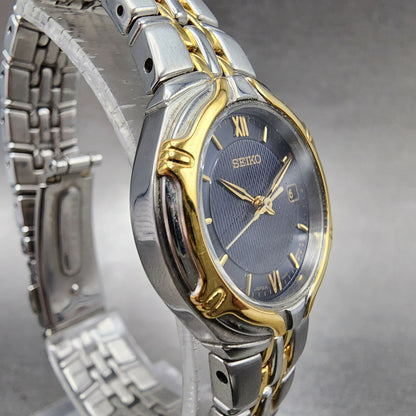 Seiko Watch Women 26mm Blue Dial Two Tone Date Round 7N820AT0 New Battery B1233