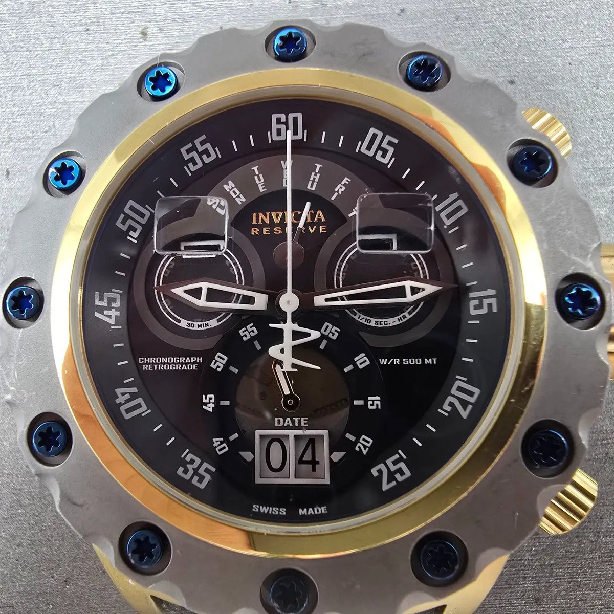 Invicta Reserve Subaqua Chronograph Watch Men 52mm Black Dial Gold Daydate Runs1