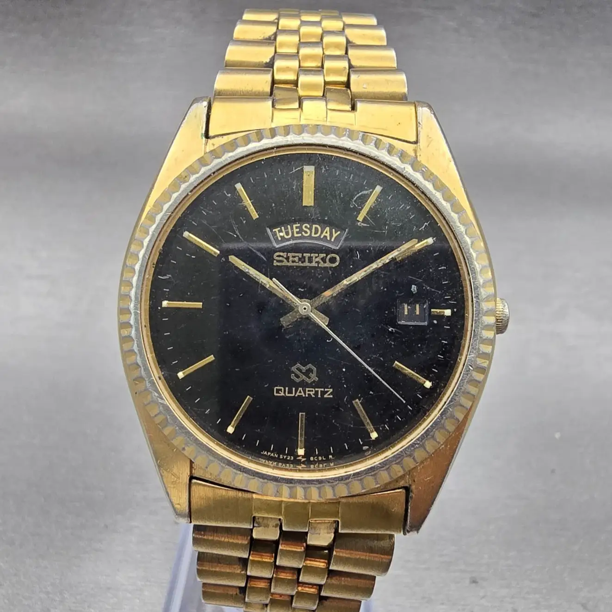 Seiko President Watch Men 36mm Black Dial Gold Tone Daydate 5Y23-8A69 New Batt0