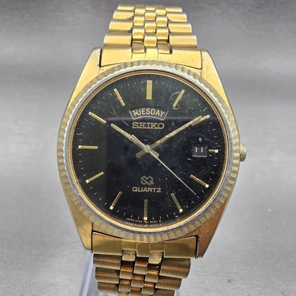Seiko President Watch Men 36mm Black Dial Gold Tone Daydate 5Y23-8A69 New Batt0