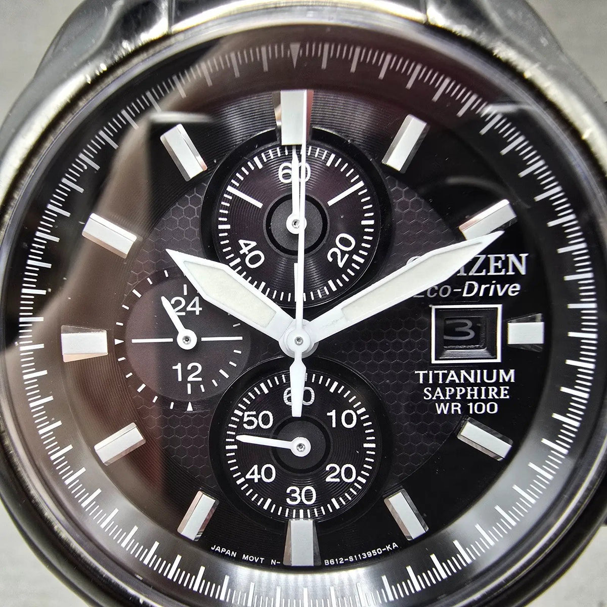 Citizen Eco-Drive Chronograph Watch Men 43mm Black Dial Titanium Date CA0265-59E1