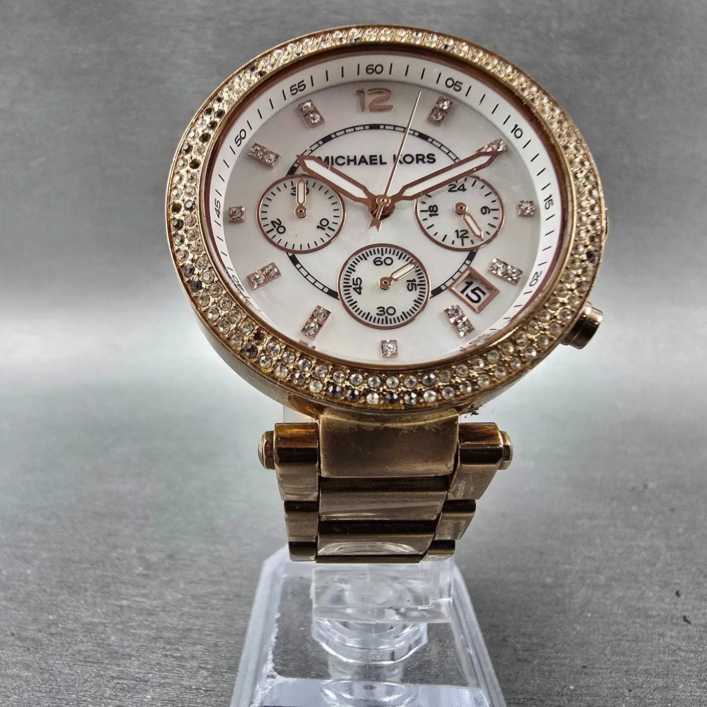 Michale Kors Parker Chrono Watch Women 39mm MOP Dial Rose Gold Tone Date New Bat5