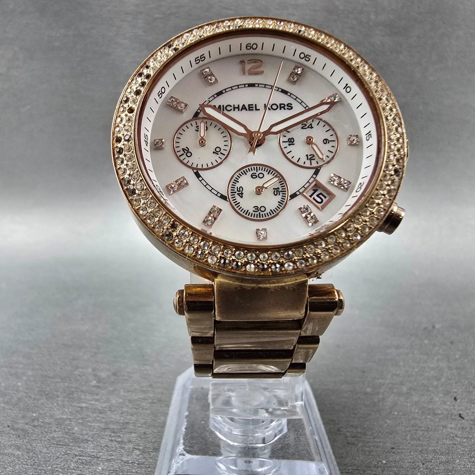 Michale Kors Parker Chrono Watch Women 39mm MOP Dial Rose Gold Tone Date New Bat5