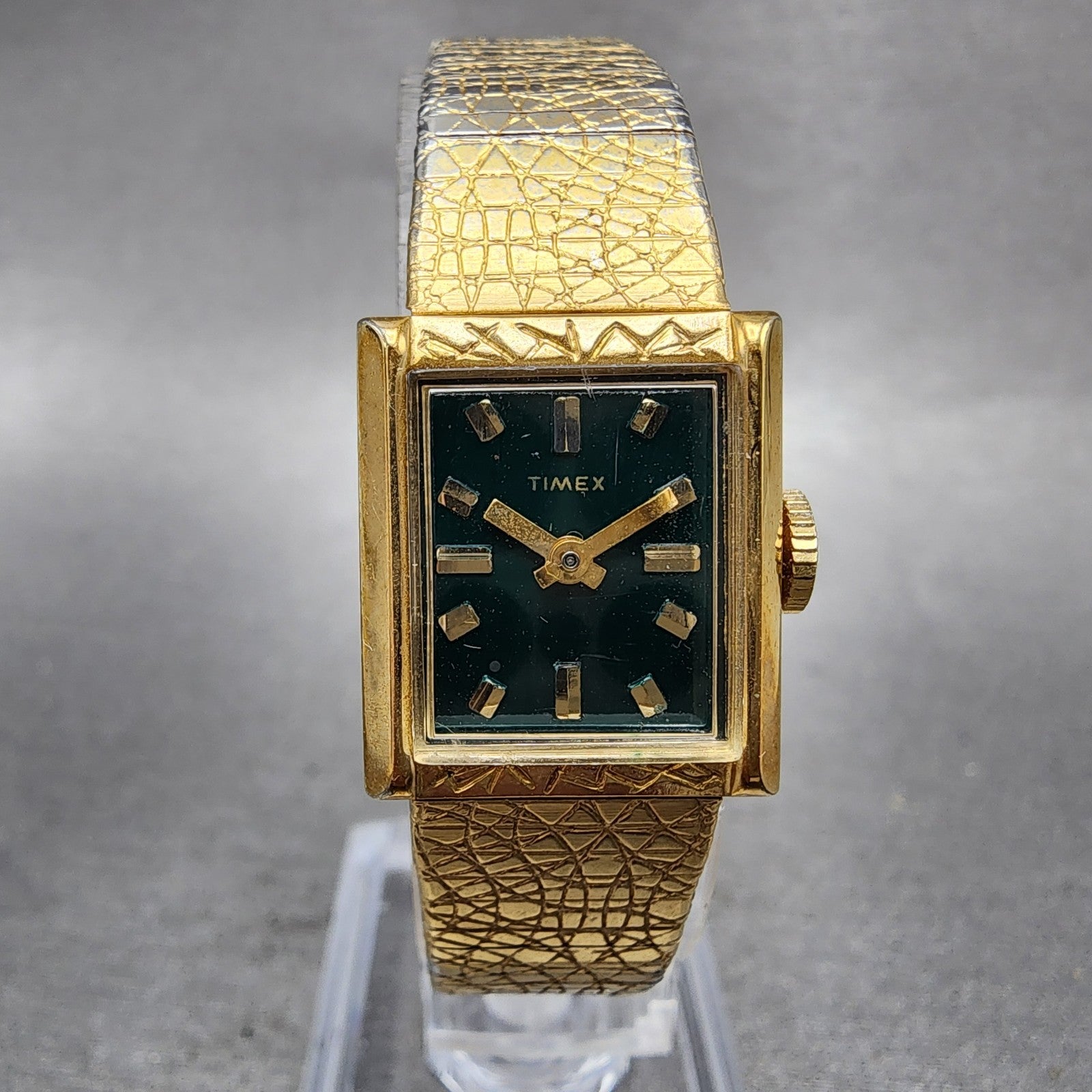 Timex Tank Watch Women 17mm Green Dial Gold Tone Rectangle Manual Wind Runs0