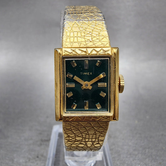 Timex Tank Watch Women 17mm Green Dial Gold Tone Rectangle Manual Wind Runs0