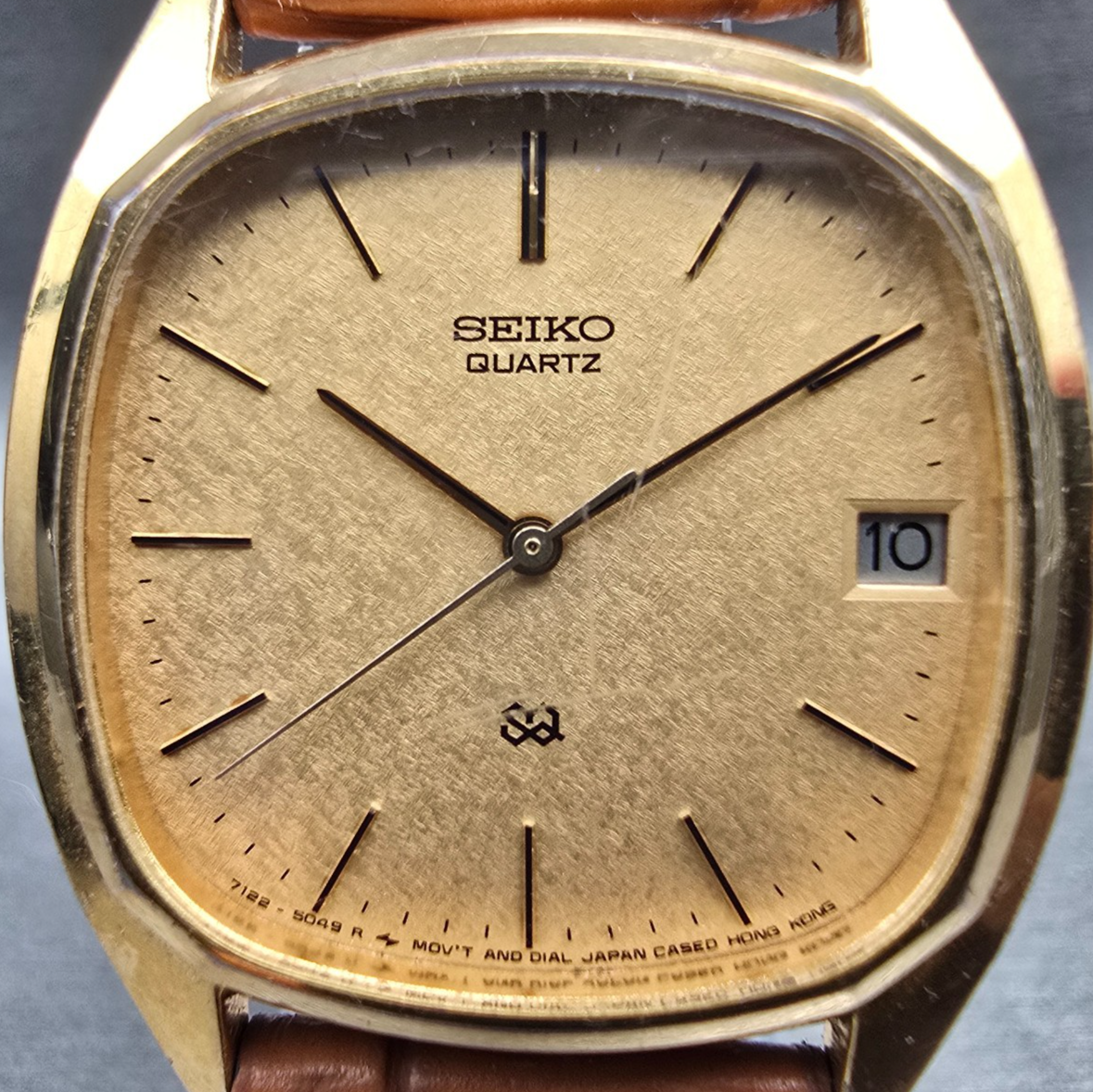 Seiko SQ Watch Men 32mm Gold Dial Gold Tone Date Rectangle 7122-5039 New Battery1