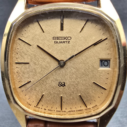 Seiko SQ Watch Men 32mm Gold Dial Gold Tone Date Rectangle 7122-5039 New Battery1