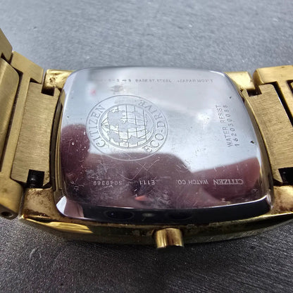 Citizen Eco-Drive Tank Watch Men 31mm Black Dial Gold Date E111-S049369 Runs Jkm11