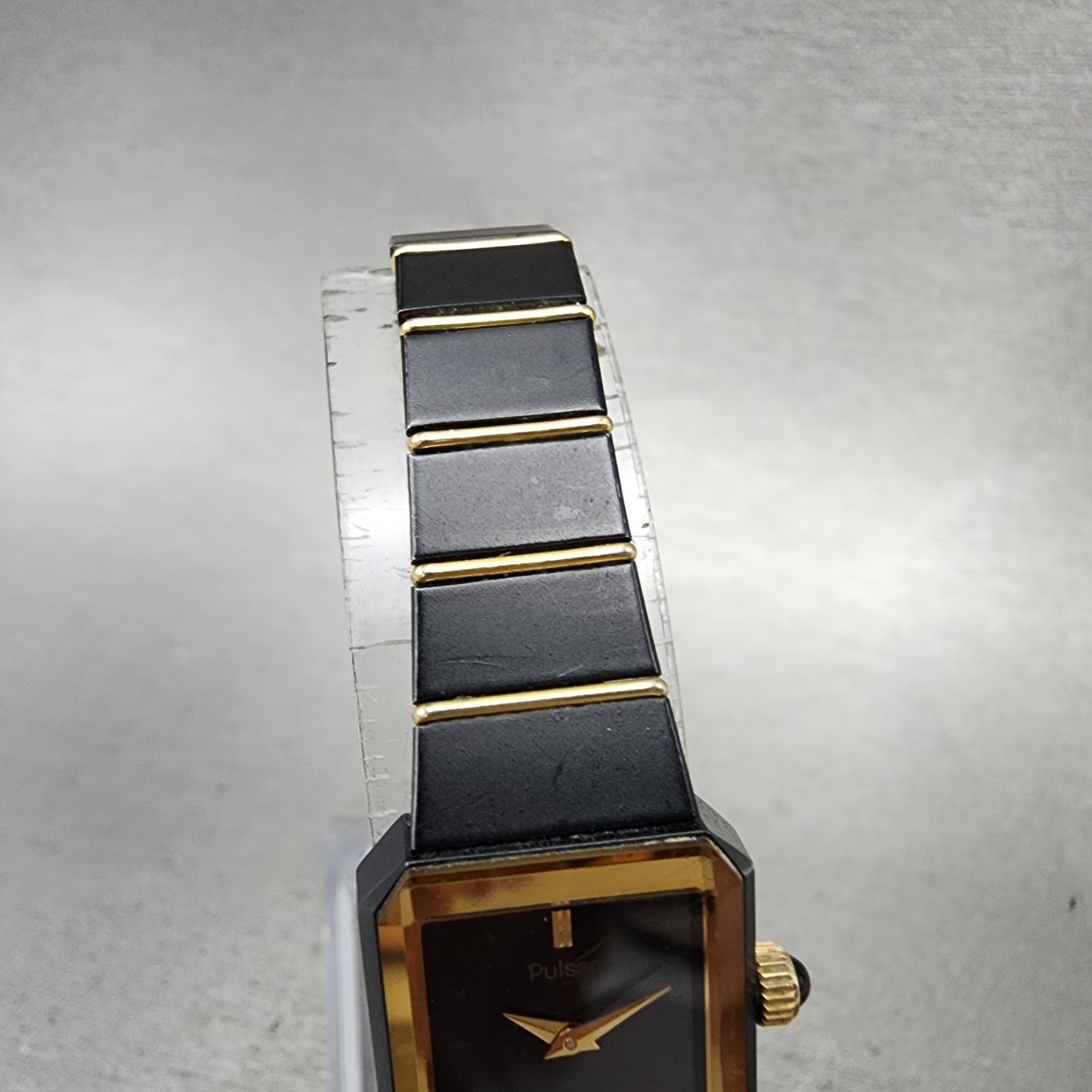 Pulsar Tank Watch Women 17mm Black Dial Black Gold Tone Rectangle New battery4