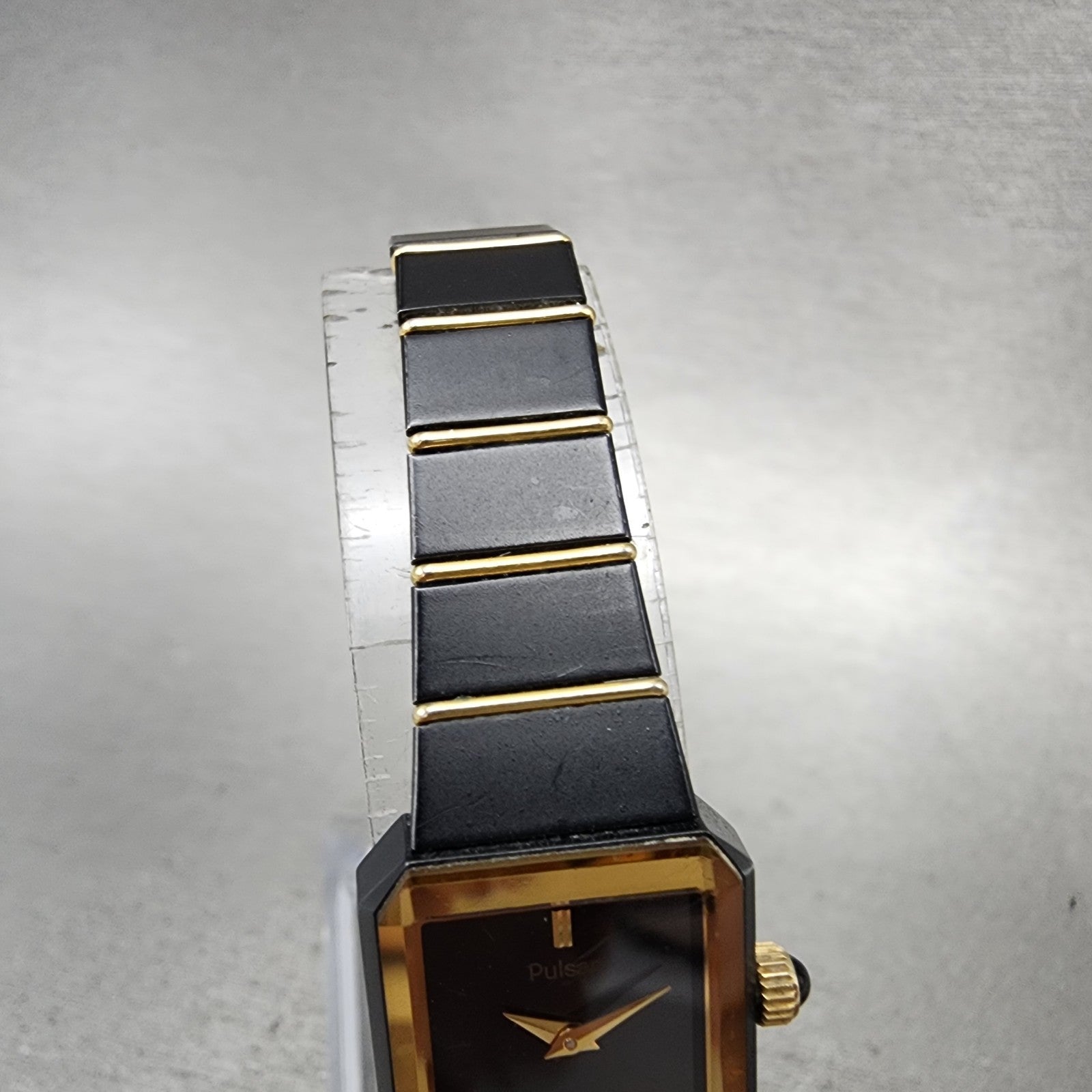 Pulsar Tank Watch Women 17mm Black Dial Black Gold Tone Rectangle New battery4