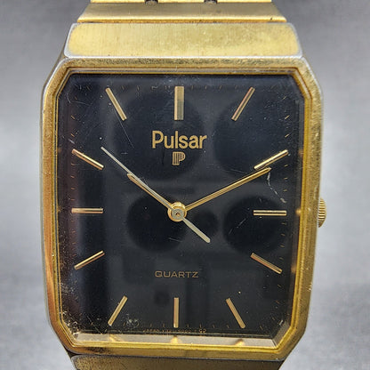 Pulsar Tank Watch Men 28mm Black Dial Gold Tone Rectangle V321-5009 New battery