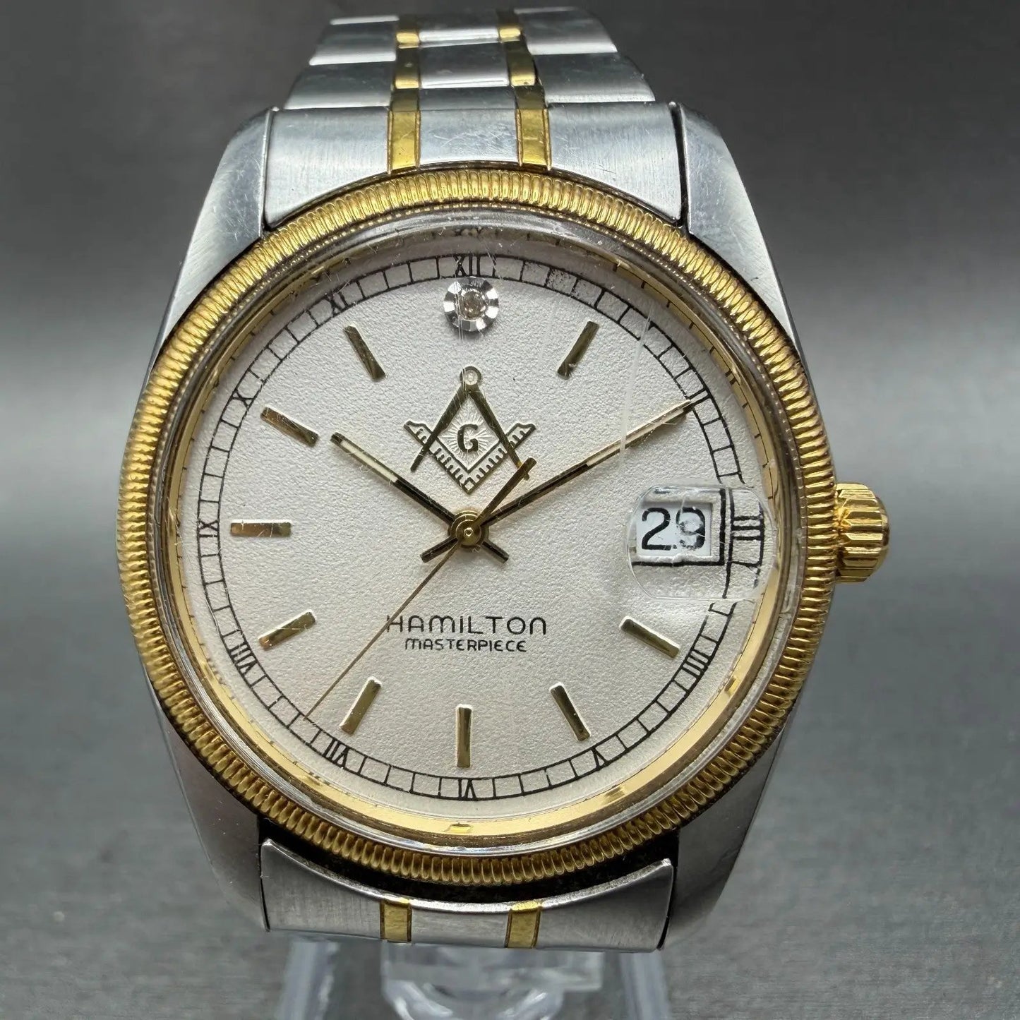 Hamilton Masterpiece Freemason Watch Men Silver Dial Two Tone Date Round New Bat0