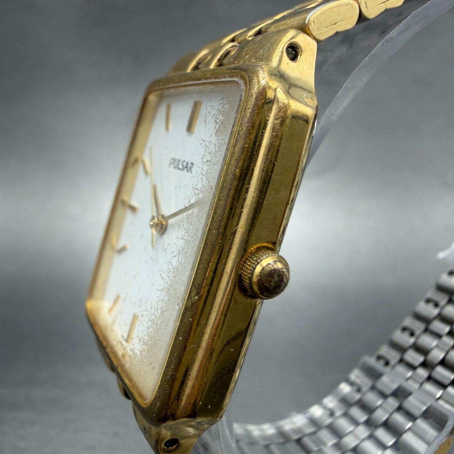 Pulsar Tank Watch Men 27mm White Dial Gold Tone Date Rectangle VX32-X154 NewBatt2