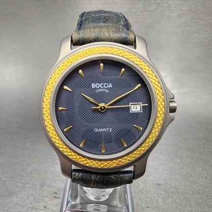 Boccia Titanium Watch Men 36mm Blue Dial Two Tone Leather Band Round New Battery