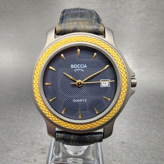Boccia Titanium Watch Men 36mm Blue Dial Two Tone Leather Band Round New Battery