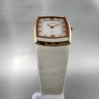 Skagen Tank Watch Women 24mm MOP White Rose Gold Tone Rectangle New Battery