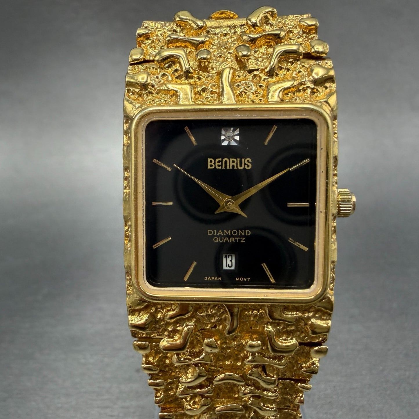 Benrus Gold Nugget Watch Unisex 28mm Black Dial Gold Tone Date Rectangle New bat0
