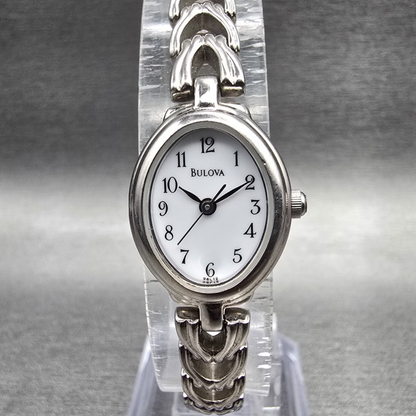 Bulova Watch Women 17mm White Dial Silver Tone Oval 96L12 New Battery JP 450