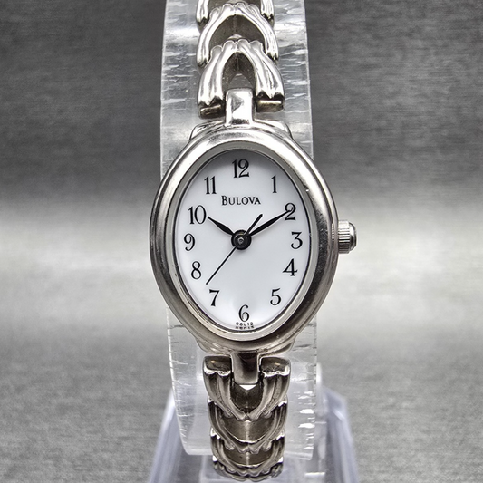 Bulova Watch Women 17mm White Dial Silver Tone Oval 96L12 New Battery JP 450