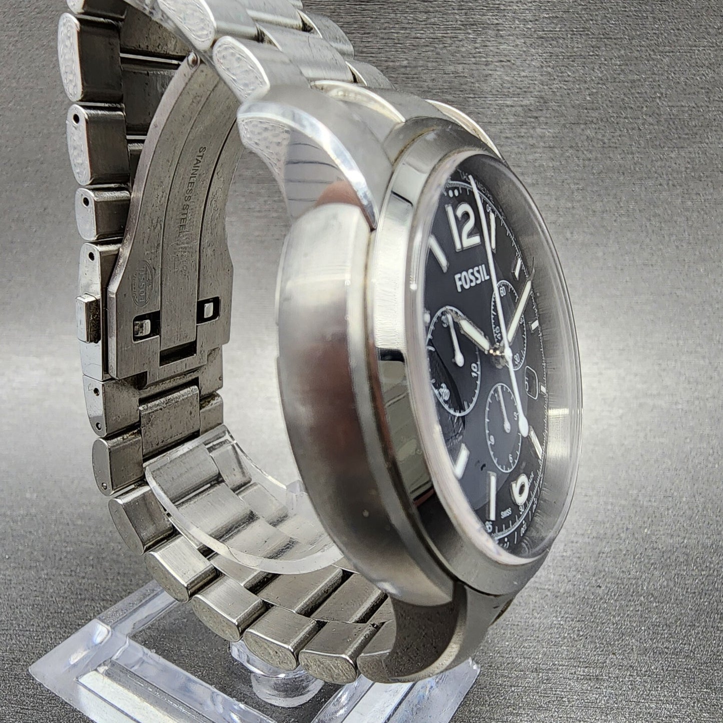 Fossil Chronograph Watch Men 45mm Black Dial Steel Date Round READ!!!! New Batt3