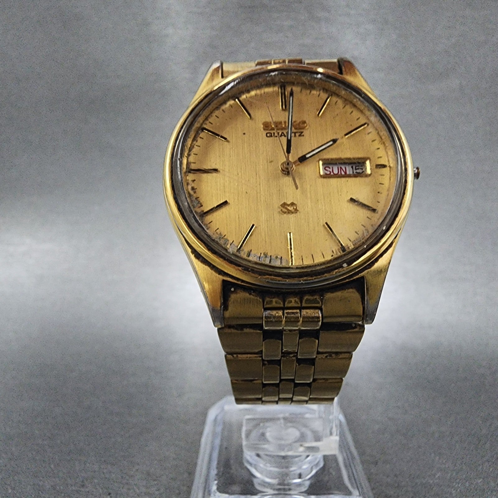 Seiko SQ Watch Men 35mm Champagne Dial Gold Tone Daydate 5y238049 NewBatt READ!5