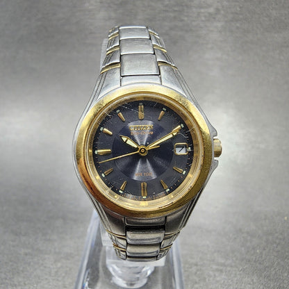 Citizen Eco-Drive Watch Women 26mm Blue Dial Two Tone Date Round E010 Runs