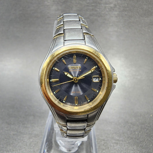 Citizen Eco-Drive Watch Women 26mm Blue Dial Two Tone Date Round E010 Runs