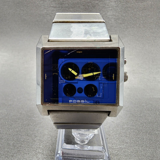 Fossil Bigtic Tank Watch Men 38mm LCD Dial Steel Rectangle JR-8539 New Battery