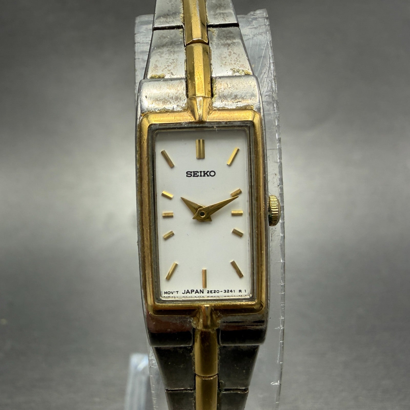 Seiko Watch Women 12mm White Dial Two Tone Rectangle 2E20-7479 New Battery JHK120