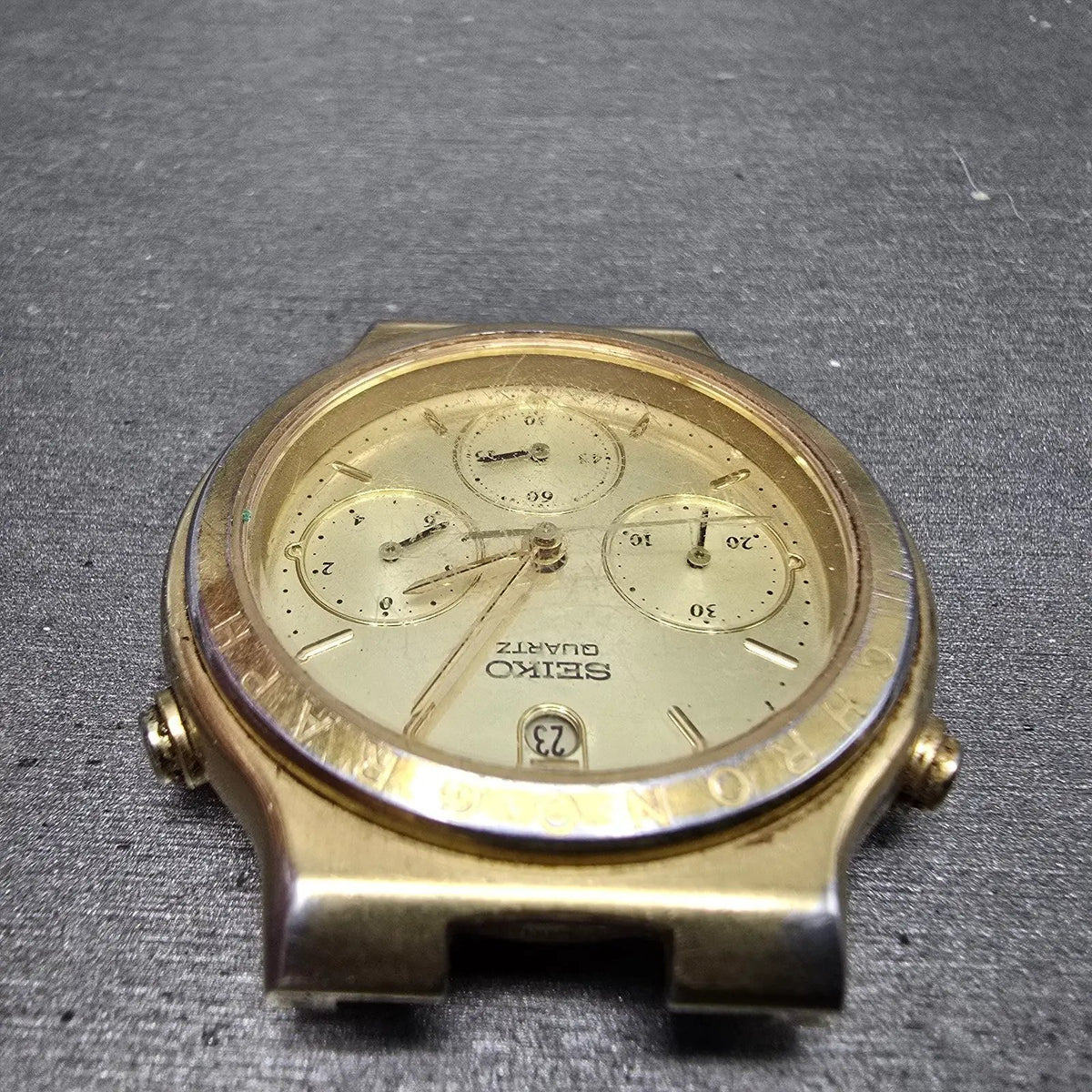 Seiko Chronograph Watch Men 37mm Gold Dial Gold Tone Date 7A34-7019 PARTS5