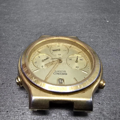 Seiko Chronograph Watch Men 37mm Gold Dial Gold Tone Date 7A34-7019 PARTS5