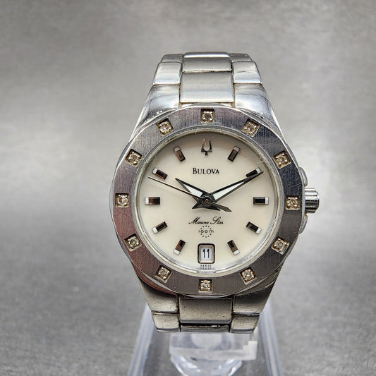 Bulova Marinestar Watch Women 25mm MOP Dial Stainless Steel Date Round New Batt0