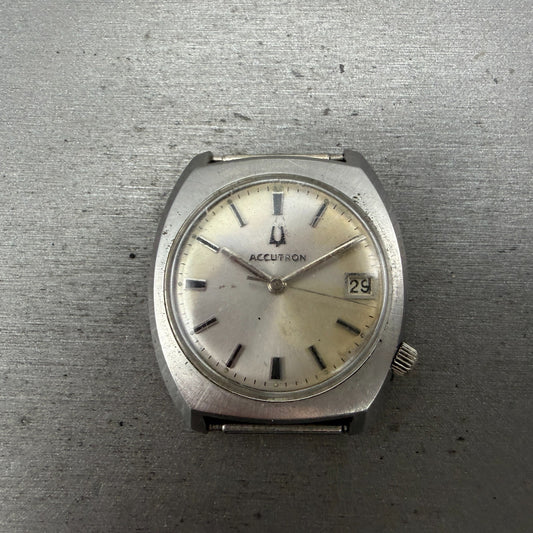 Bulova Accutron Watch Men 35mm Silver Dial Silver Tone Date Round PARTS Vintage0