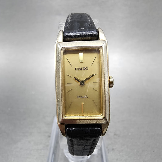 Seiko Solar Tank Watch Women 15mm Gold Dial Gold Tone Rectangle V1160AA0 Works0