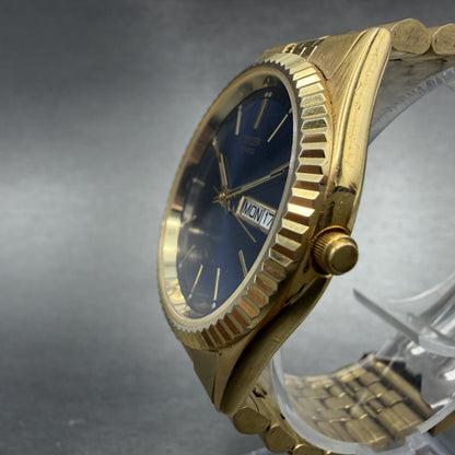 Citizen CQ President Watch Men 36mm Blue Dial Gold Tone Round Daydate New BattAB2